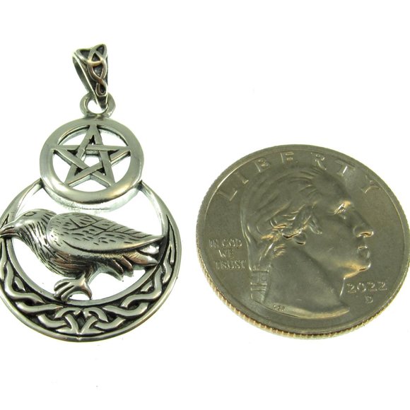 Solid 925 Sterling Silver Raven on Celtic Crescent Moon Pentacle Pendant - Picture 2 of 5